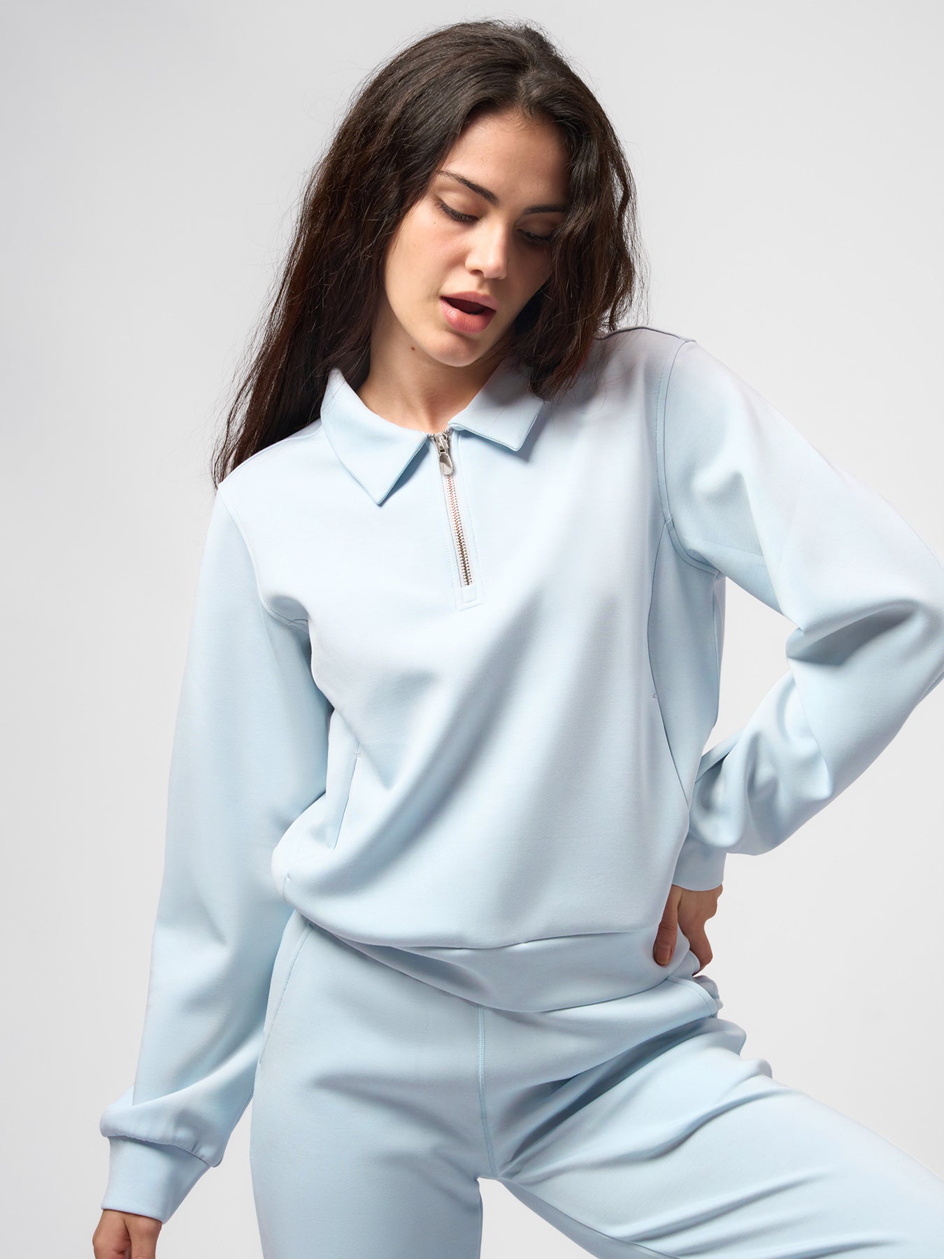 Women Modal Blend Collared Zip Tee And Drawstring Flare Pants Set